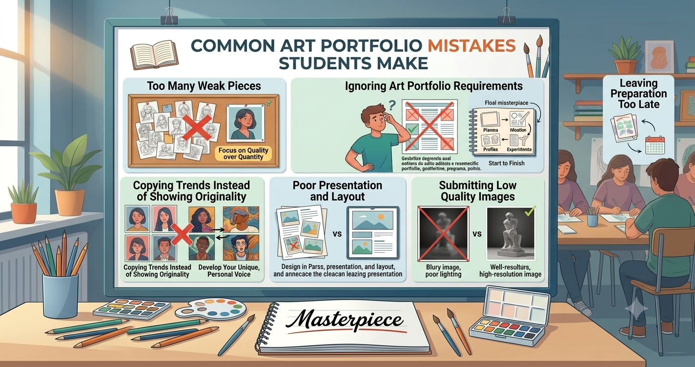 Classroom infographic titled 'Common Art Portfolio Mistakes Students Make' showing six panels about portfolio errors, with red X marks and small student illustrations.