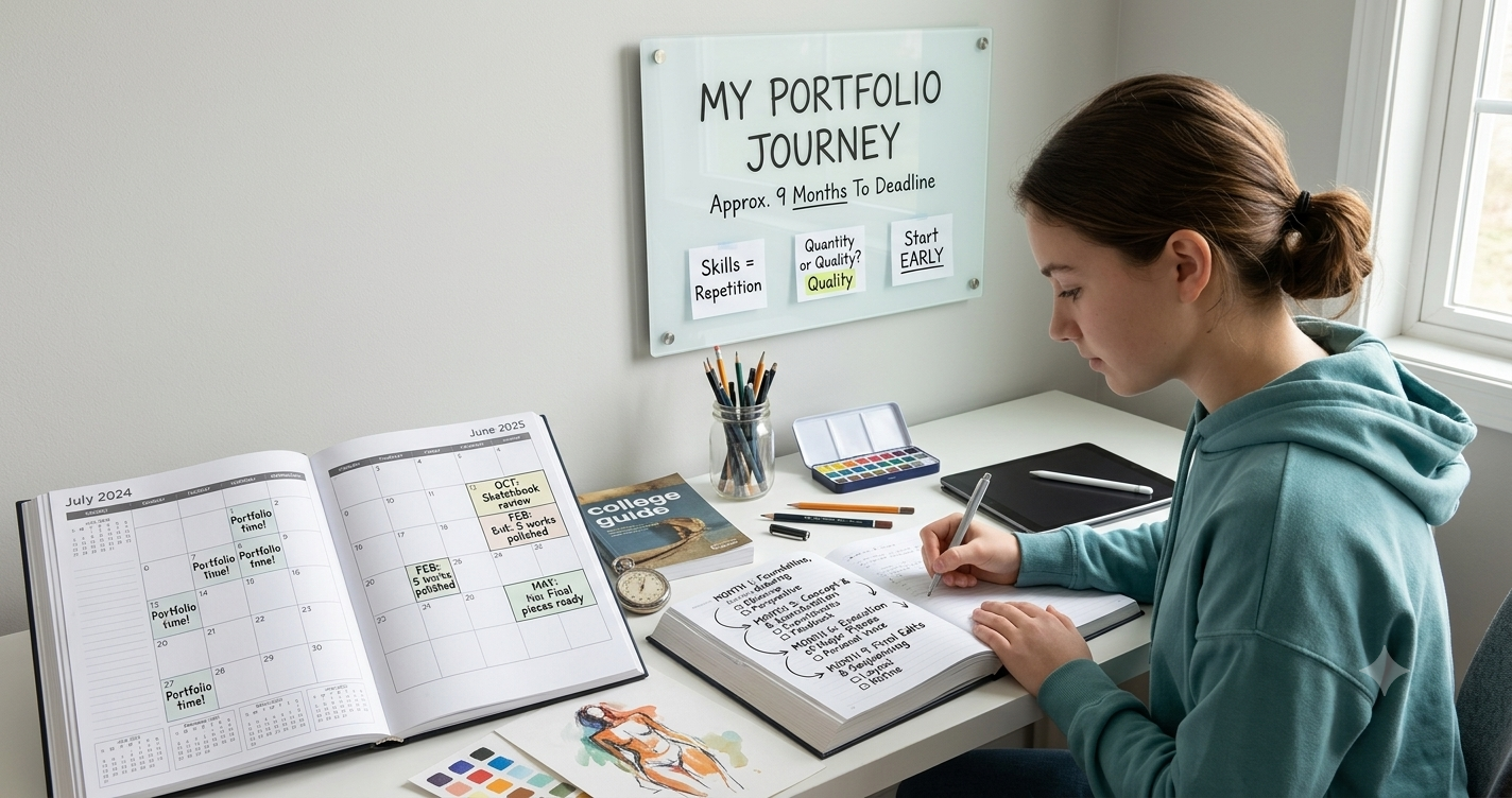 Student at a desk writing in a notebook with a calendar, paints, and a wall sign that says 'My Portfolio Journey'